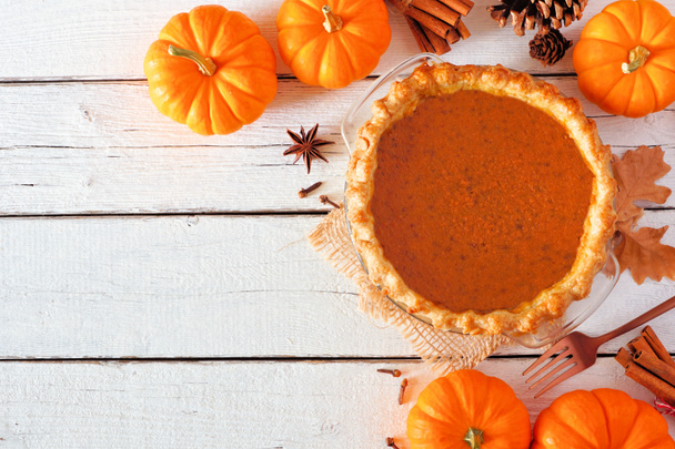 Homemade autumn pumpkin pie corner border. Top view table scene over a white wood background with copy space. - Photo, Image