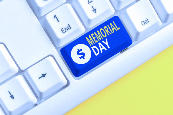 Handwriting text writing Memorial Day. Concept meaning To honor and remembering those who died in military service White pc keyboard with empty note paper above white background key copy space. - Photo, Image
