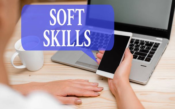 Word writing text Soft Skills. Business concept for demonstratingal attribute enable interact effectively with other showing woman laptop computer smartphone mug office supplies technological devices. - Fotoğraf, Görsel