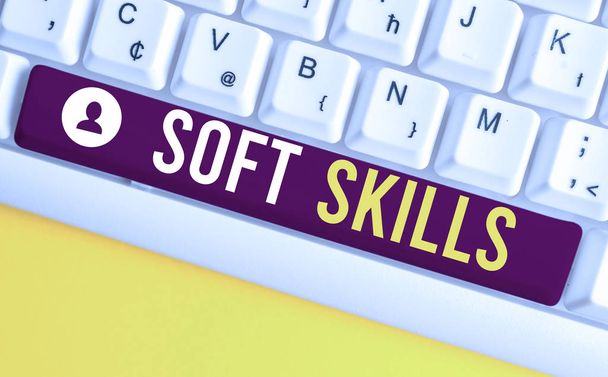 Word writing text Soft Skills. Business concept for demonstratingal attribute enable interact effectively with other showing White pc keyboard with empty note paper above white background key copy - Photo, Image