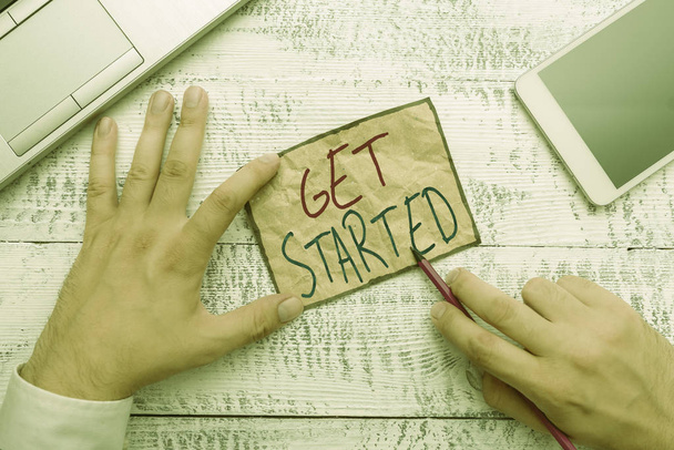 Text sign showing Get Started. Conceptual photo asking someone to begin task endeavour or process right now. - Photo, Image