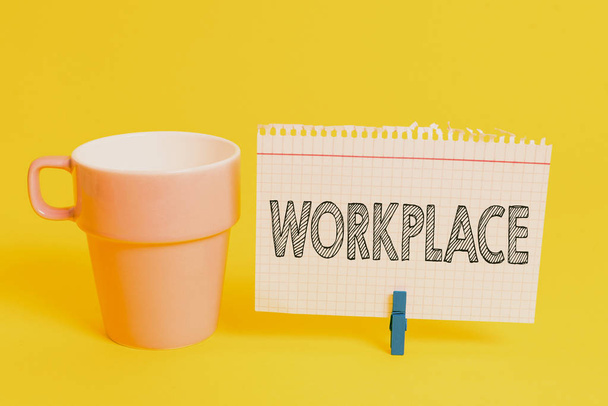 Writing note showing Workplace. Business photo showcasing Area where you can find busy showing doing their job orders Cup empty paper blue clothespin rectangle shaped reminder yellow office. - Foto, Bild
