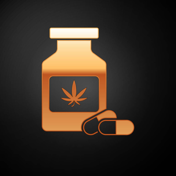 Botella Gold Medical con marihuana o icono de hoja de cannabis aislado sobre fondo negro. Simulación de extractos de aceite de cannabis en frascos. Ilustración vectorial
 - Vector, Imagen