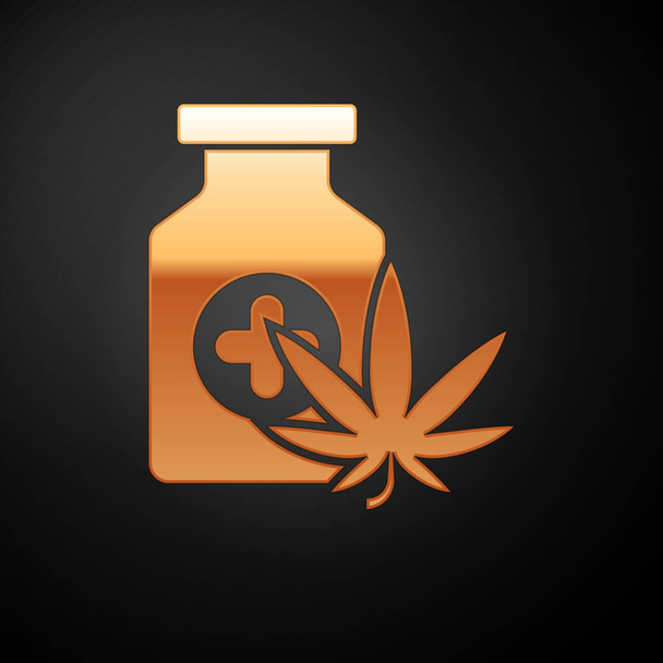 Gold Medical pullo marihuanaa tai kannabiksen lehtiä kuvaketta eristetty mustalla pohjalla. Pilkkaa kannabisöljyuutteita purkeissa. Vektorikuvaus - Vektori, kuva