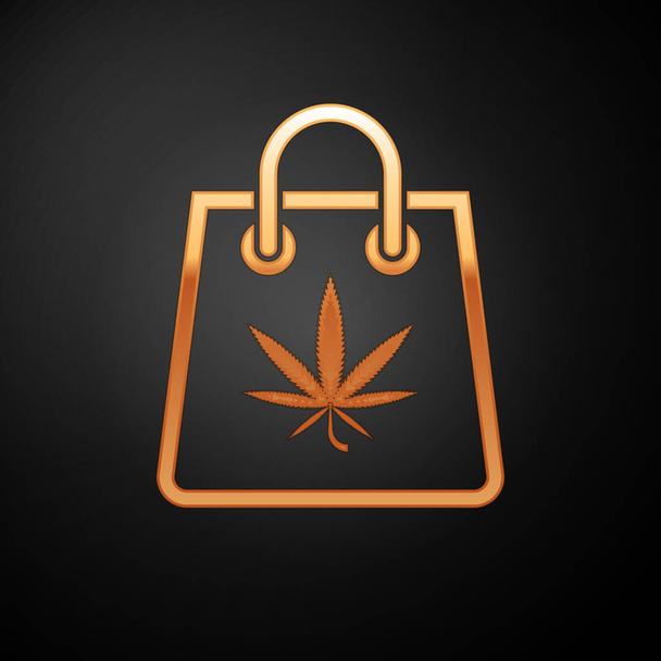 Gold Shopping bolsa de papel de marihuana medicinal o icono de hoja de cannabis aislado sobre fondo negro. Comprar cannabis. Un símbolo de cáñamo. Ilustración vectorial
 - Vector, imagen