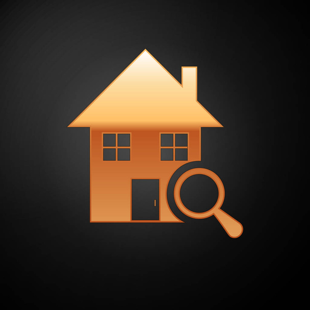 Gold Search ház ikon izolált fekete háttér. Ingatlan jelképe egy ház alatt nagyító. Vektoros illusztráció - Vektor, kép