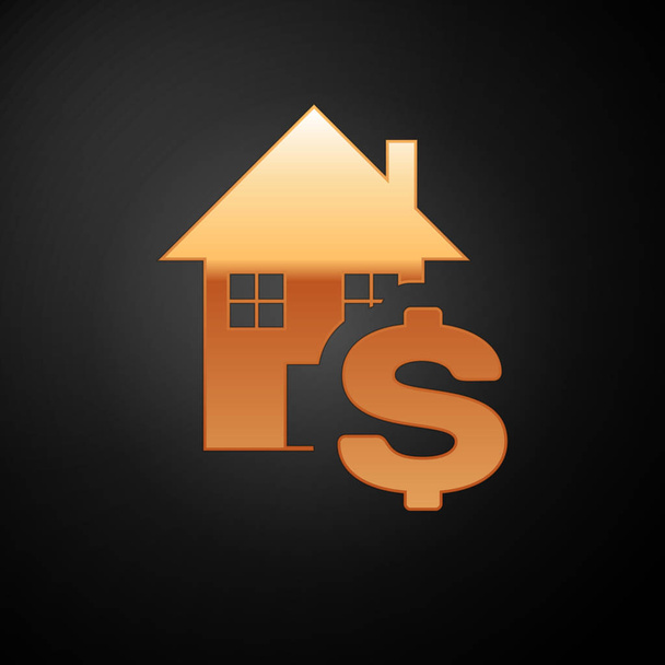 Χρυσό σπίτι με το σύμβολο του δολαρίου απομονώνεται σε μαύρο φόντο. Σπίτι και λεφτά. Σχέδιο ακινήτων. Απεικόνιση διανυσματικών φορέων - Διάνυσμα, εικόνα