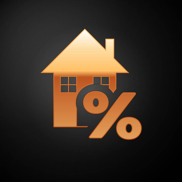 Gold House with percant discount tag icon isolated on black background. House percentage sign price. Real estate home. Credit percentage symbol. Vector Illustration - Vector, Image
