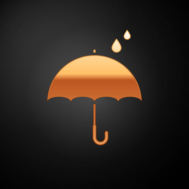 goldener Regenschirm und Regentropfen auf schwarzem Hintergrund. Wasserdichtes Symbol. Schutz, Sicherheit, Sicherheitskonzept. Wasserdichtes Symbol. Vektorillustration - Vektor, Bild