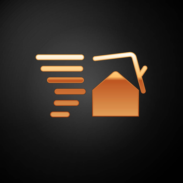 Gold Tornado swirl damages house roof icon isolated on black background. Cyclone, whirlwind, storm funnel, hurricane wind icon. Vector Illustration - Vector, Image