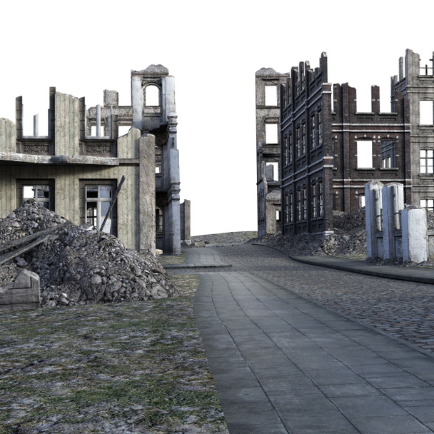 3d gerenderte zerstörte Stadt nach dem Krieg auf weißem Hintergrund - 3d Illustration - Foto, Bild