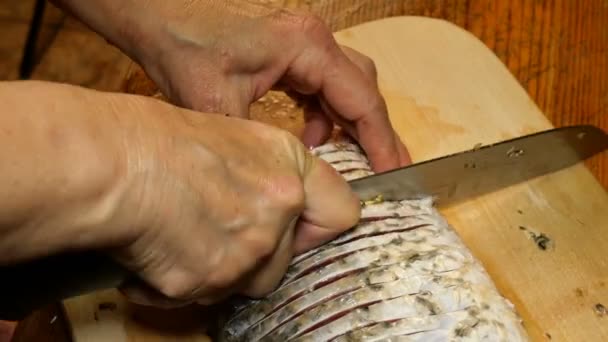 Kotitekoinen keittiö. River kala karppi, leikkaa paloiksi, keittiöveitsellä myöhempää paistamista varten, leikkuupöydällä. lähikuva. - Materiaali, video