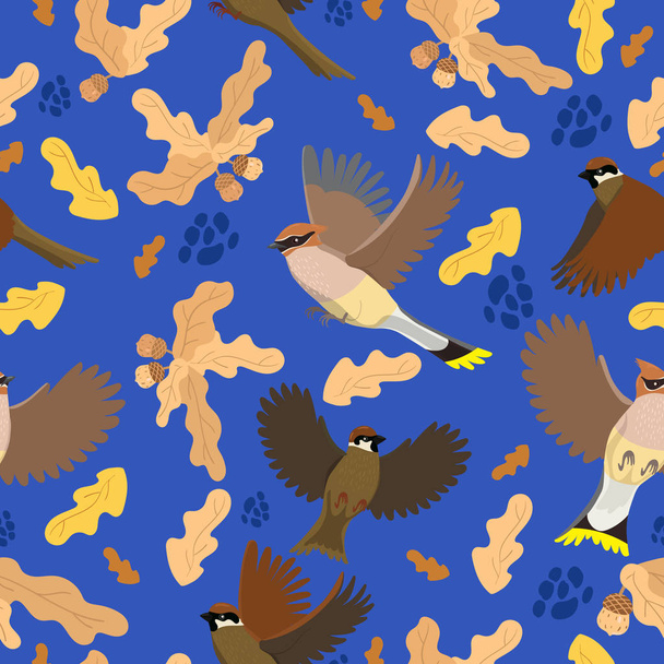 Seamless pattern with sparrows and waxwings, autumn leaves and acorns. - Vetor, Imagem