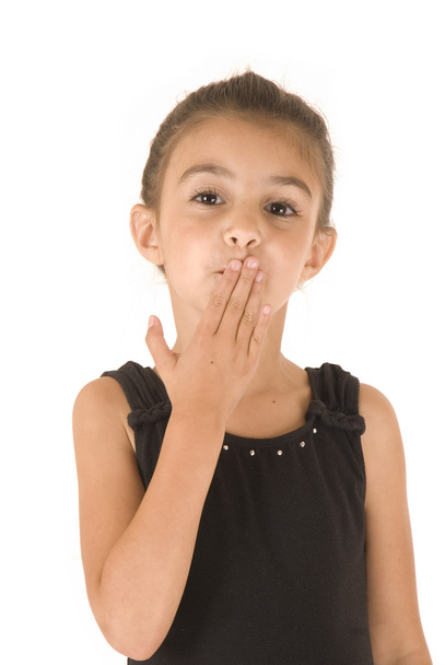 young girl in black leotard with sparkly eyes blowing kiss - Фото, зображення