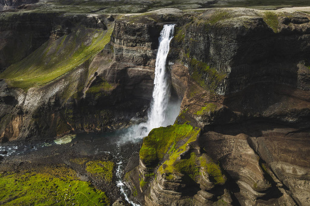 Aerial view of Haifoss big waterfall in south Icealnd. Black hig - Foto, immagini
