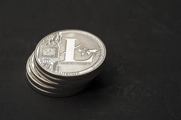 Group of silver litecoin coins, close-up. Cryptocurrency concept, e-banking. - Фото, зображення