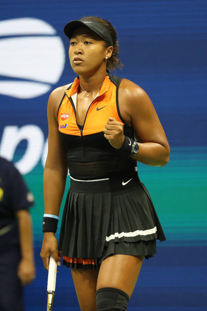NEW YORK - AUGUST 31, 2019: Grand Slam Champion Naomi Osaka of Japan in action during her 2019 US Open third round match at Billie Jean King National Tennis Center  - Zdjęcie, obraz