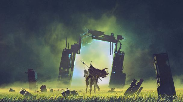 de futuristische ridder op een zwarte Eenhoorn invoeren van de gebroken Portal naar een andere wereld, digitale kunststijl, illustratie schilderij - Foto, afbeelding