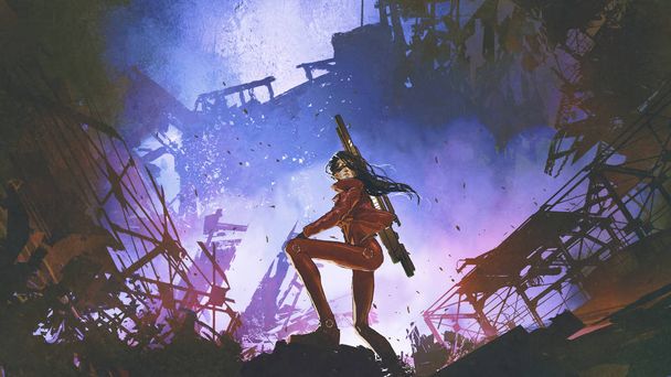 футуристическая женщина-солдат с пистолетом, стоящая против разрушенного города, стиль цифрового искусства, иллюстрации живописи
 - Фото, изображение