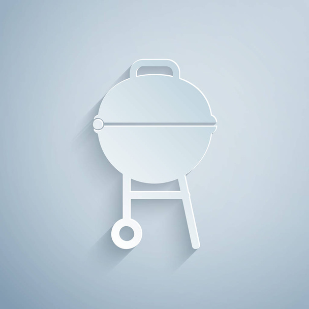 Paper cut Barbecue grill icon isolated on grey background. BBQ grill party. Paper art style. Vector Illustration - Vector, Image