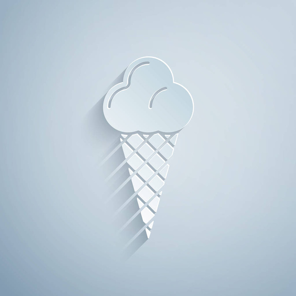 Papír řeže zmrzlinu ve vaflovacím kuželu ikona izolované na šedém pozadí. Pěkný symbol. Papírový styl. Vektorová ilustrace - Vektor, obrázek