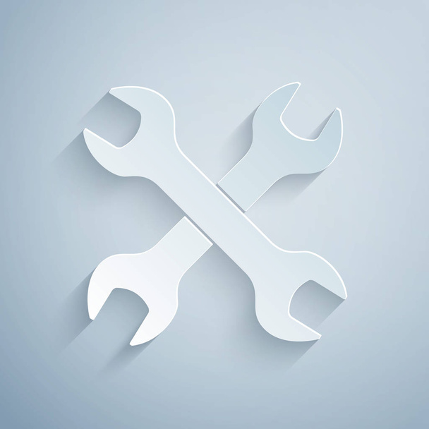 Paper cut Crossed wrenchs icon isolated on grey background. Spanner repair tool. Service tool symbol. Paper art style. Vector Illustration - Vector, Image