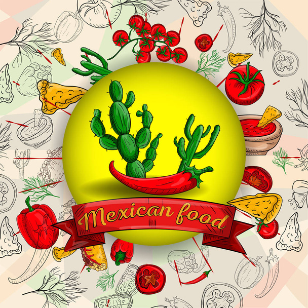 ilustración 4 de los productos de la cocina mexicana en un ornamen circular
 - Vector, imagen