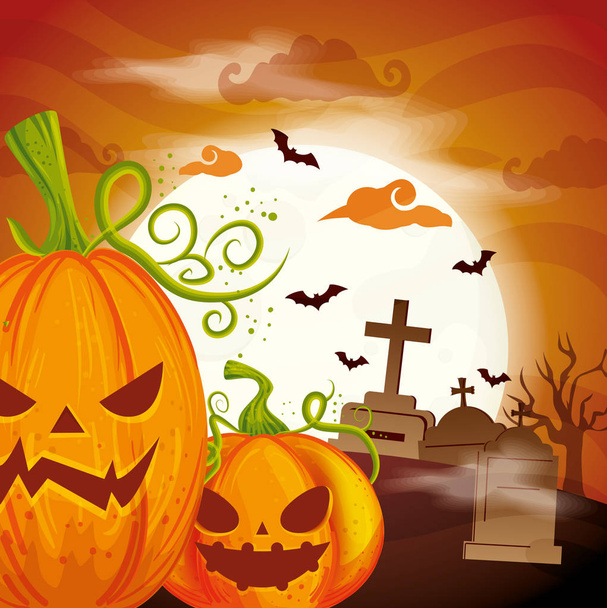 pumpkins in cemetery scene halloween - Vector, imagen