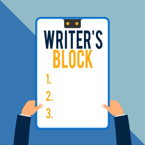 Word writing text Writer S Block. Business concept for Condition of being unable to think of what to write Two executive male hands holding electronic device geometrical background. - Photo, Image