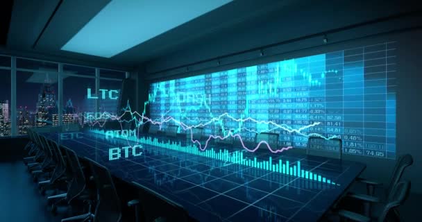 Graphiques bleus animés Statistiques financières sur la table dans l'intérieur du bureau de nuit. Crypto-monnaie Bitcoin Exchange trading Concept de jeu vidéo 4K rendu 3D. Intro de 10 sec et boucle de 10 sec
. - Séquence, vidéo