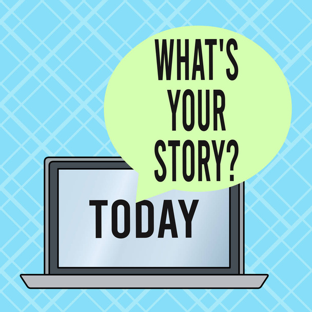 Koncepcyjnego pisania ręcznego pokazano, co S jest Twoje Storyquestion. Business Photo Text analysisner z prośbą o wykazanie o przeszłych wydarzeniach życiowych okrągły kształt mowy Bubble pływające ponad laptop tle. - Zdjęcie, obraz