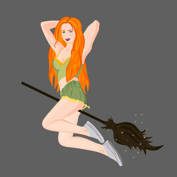 Nice witch flies on a broomstick. Vector illustration. - Вектор, зображення