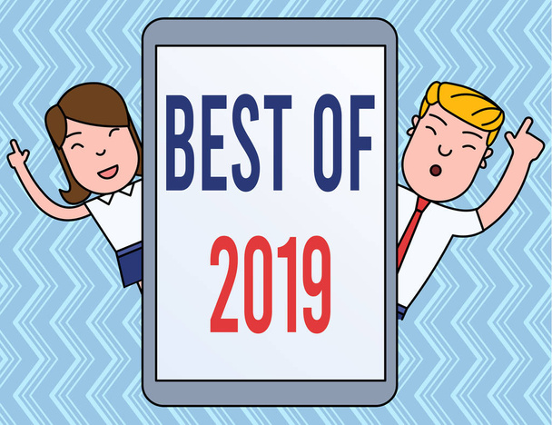 Writing note showing Best Of 2019. Business photo showcasing great and marvelous things and events happened on 2019 Male and Female Index Fingers Up Touch Screen Tablet Smartphone Device. - Photo, Image