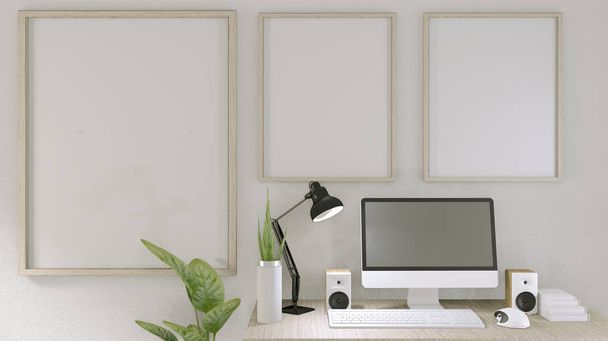 computer met blanco scherm en decoratie in kantoorruimte mock u - Foto, afbeelding