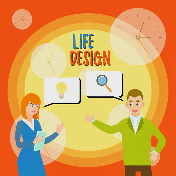 Text sign showing Life Design. Conceptual photo balance how you live between work family and entertaining Business Partners Colleagues Jointly Seeking Problem Solution Generate Idea. - Photo, Image
