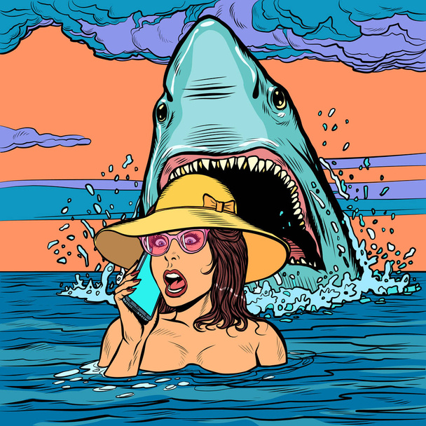 Ein Hai greift eine Frau im Meer an. Das Mädchen bittet am Telefon um Hilfe - Vektor, Bild