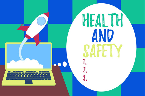 Word writing text Health And Safety. Business concept for procedures intended to prevent accident in workplace Successful rocket launching clouds out laptop background. Startup growing. - Foto, imagen