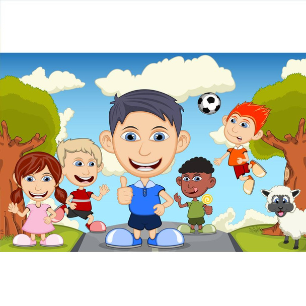 I bambini che giocano per strada agitando la mano e dirigendo la palla con il cartone animato di pecore
 - Vettoriali, immagini