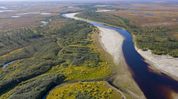 Tájkép az erdő-tundra és a homokos folyó partján, madártávlatból.Sarkkör, tunda. Gyönyörű táj tundráról helikopterről. - Fotó, kép