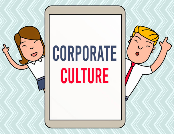 Writing note showing Corporate Culture. Business photo showcasing pervasive values and attitudes that characterize a company Male and Female Index Fingers Up Touch Screen Tablet Smartphone Device. - Photo, Image