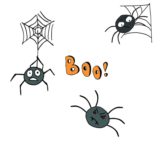 Halloweenowe postacie pająków i tekst Boo! na uroczystość, c - Wektor, obraz