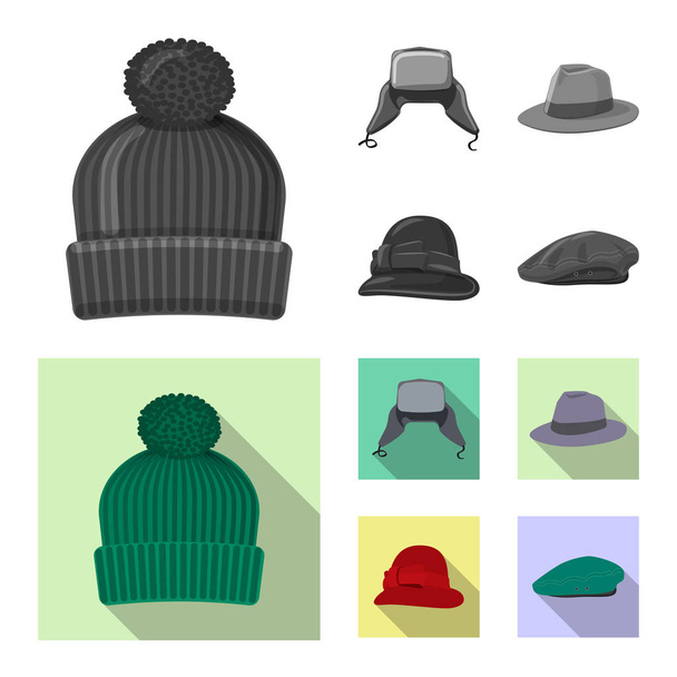 帽子とキャップ アイコンのベクター デザイン。ヘッドギアとストックのアクセサリーのベクトルのアイコンのセット. - ベクター画像