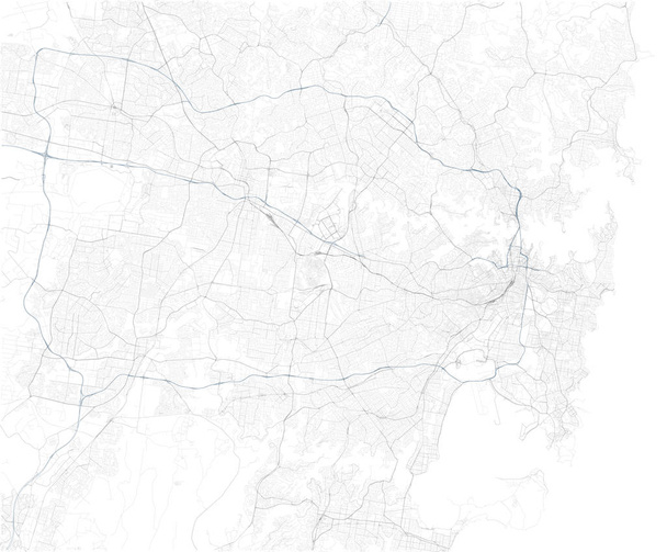 Mapa de satélite de Sydney e arredores, Austrália. Mapa estradas, anel estradas e rodovias, rios, linhas ferroviárias. Mapa dos transportes
 - Vetor, Imagem