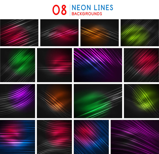 Набор светящихся прямых неоновых линий, текущих фонов, абстрактных баннеров потока, динамического дизайна технологии движения. Вспышки футуристической энергии
 - Вектор,изображение