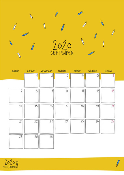 September 2020 doodle wall calendar. - Vector, Image