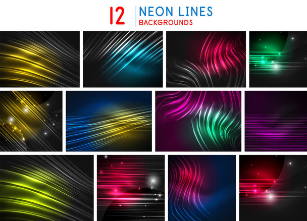 Satz von glühenden geraden Neon-Linien fließende Hintergründe, fließen abstrakte Banner, Bewegungstechnologie dynamisches Design. futuristische Energiemagie blitzt auf - Vektor, Bild