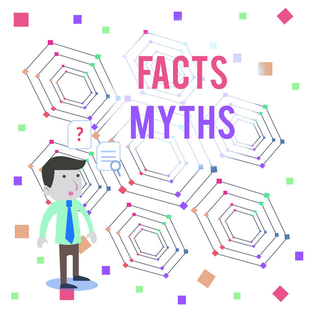 Word writing text Facts Myths. Business concept for work based on imagination rather than on real life difference Young Male Businessman Office Worker Standing Searching Problem Solution. - Photo, Image