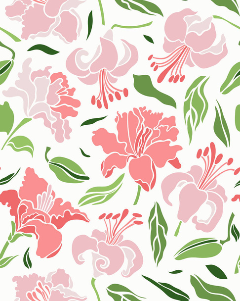 Seamless pattern with lilies. Flat style. Vector illustration with floral background. - Vector, afbeelding