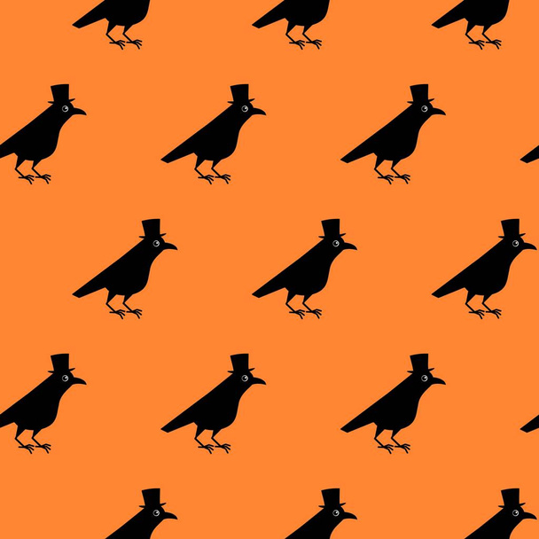 Caballero cuervo patrón sin costuras, mirlo con sombrero de copa. Lindo cuervo ilustración en naranja blackground
. - Vector, Imagen