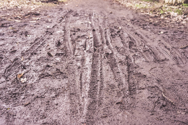 Следы обуви и велосипедов в грязи
 - Фото, изображение